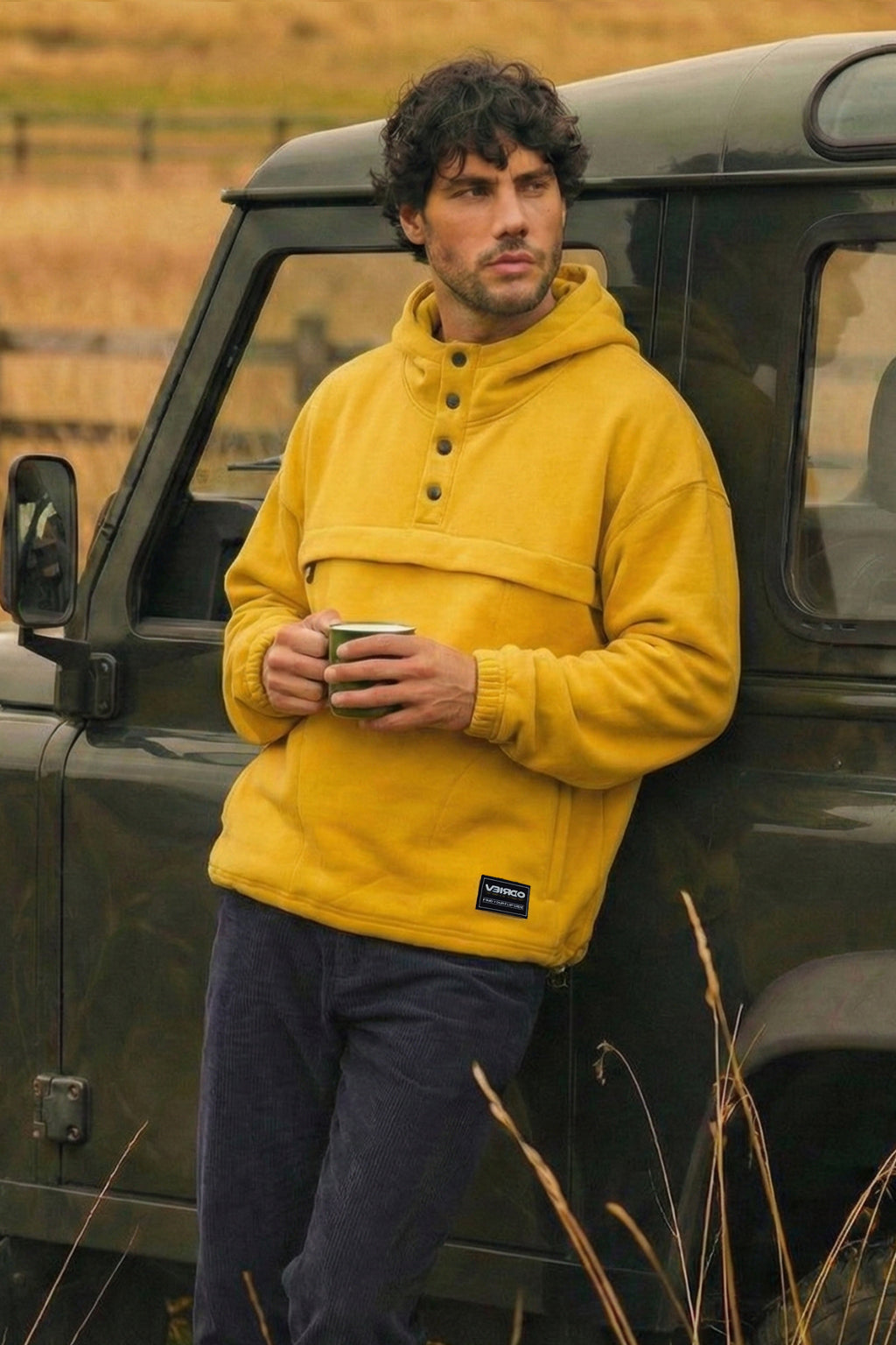 Veirdo Mustard Oversized Plain Button-Neck Pullover Hoodie