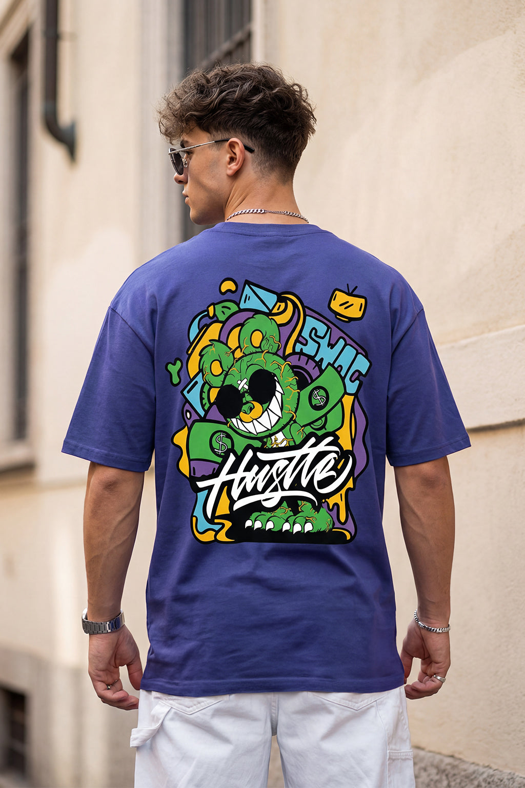 HUSTLE Blue Oversized Graphic Back Printed T-shirt