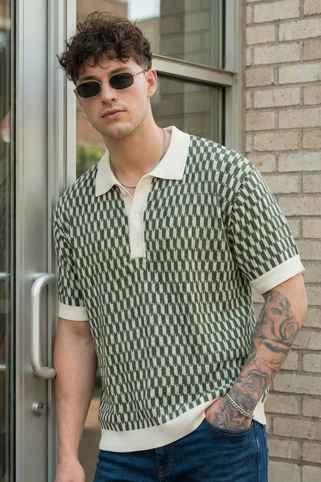 Monarch Pattern Green Flatknit Textured Boxy Fit Exclusive Polo T-Shirt