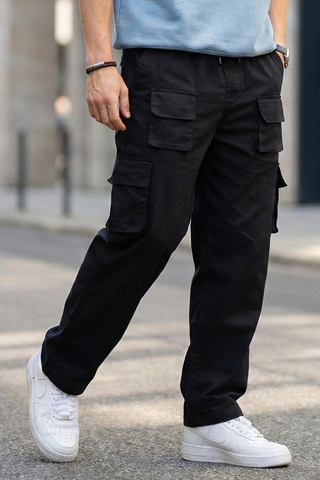 Black Pure Cotton Baggy Fit 6 Pocket Cargo