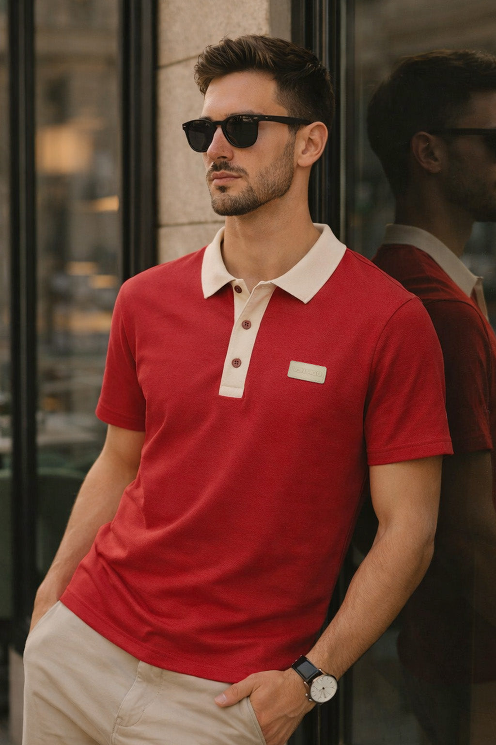 Red Contrast Collar Economic Regular Fit Pique Polo