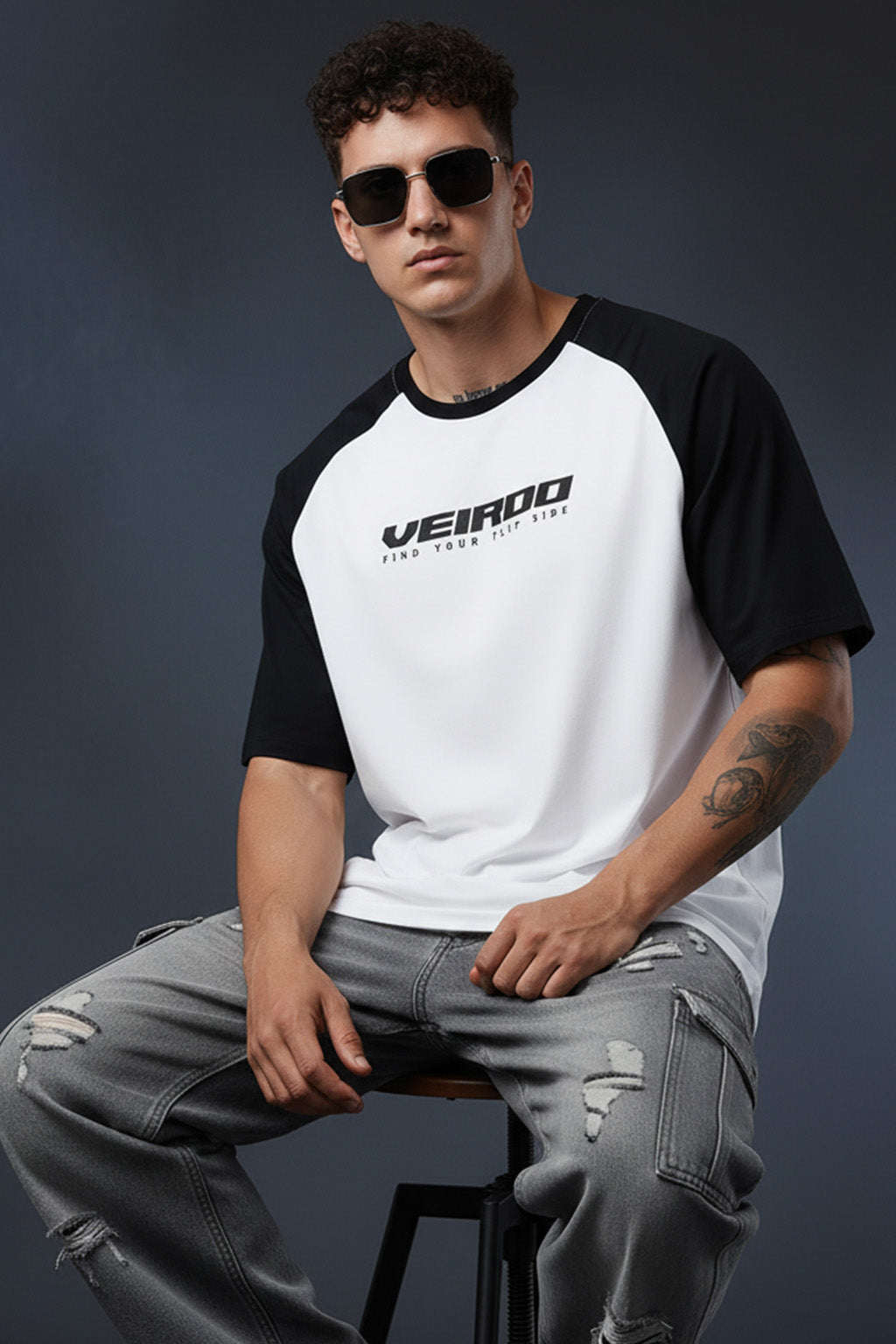 White-Black Raglan Oversized Typography Printed T-shirt