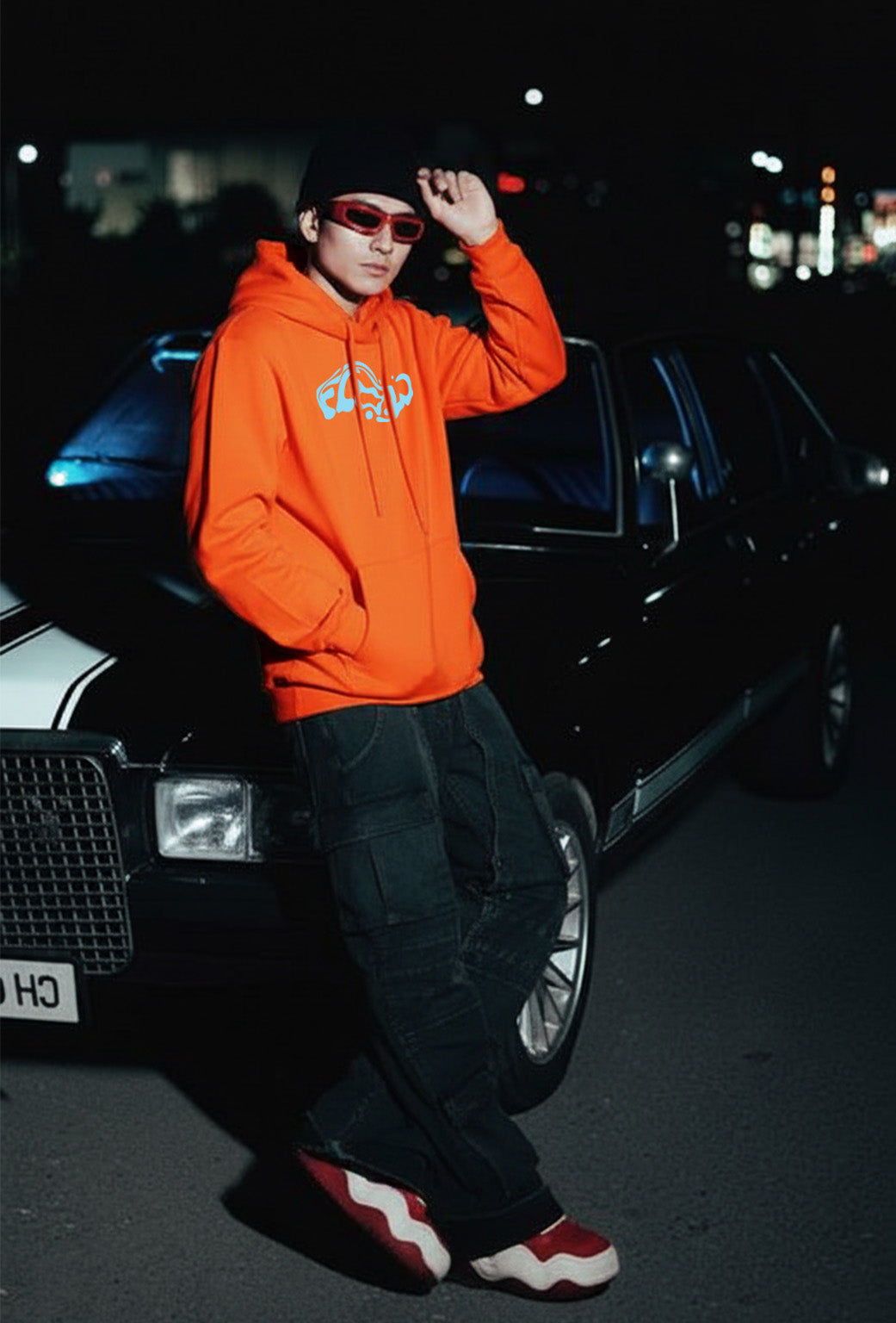 Flow Orange Oversized Printed Hoodie