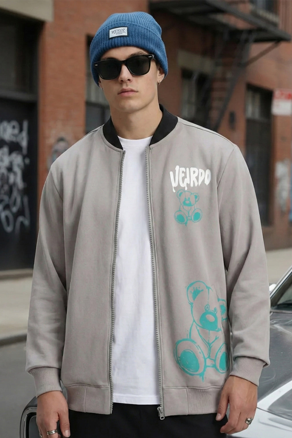 Grey Back Graphic Printed Varsity Jacket