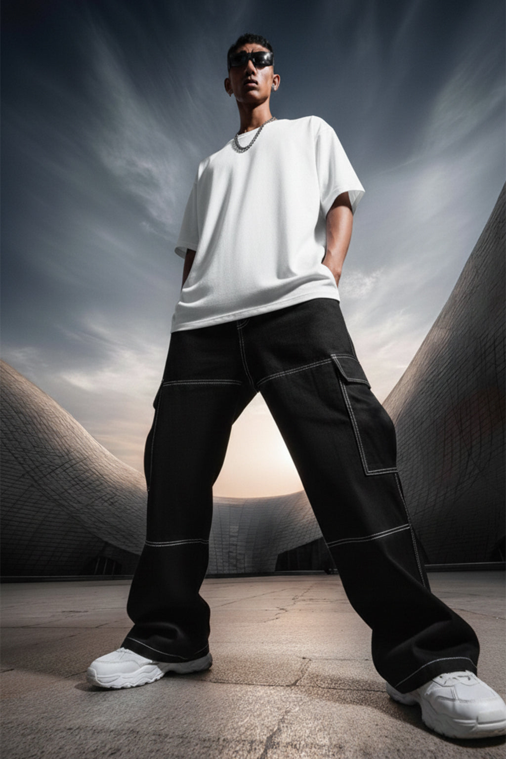 Black Pure Woven Straight Fit 5 Pocket Cargo