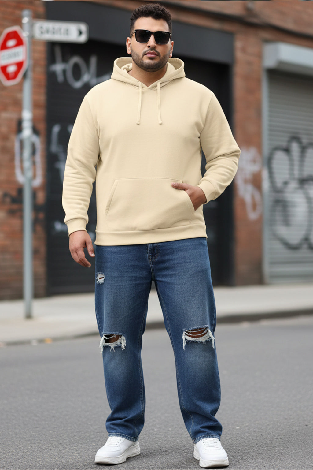 Beige Plain Plus Size Hoodie