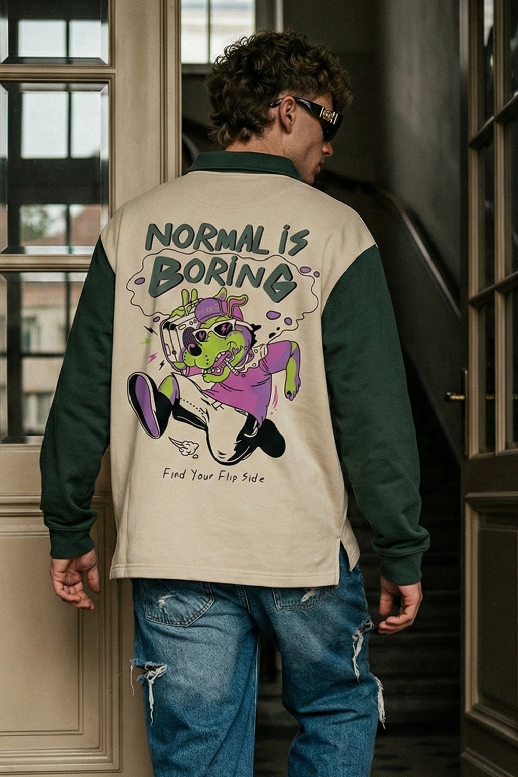 Normal Is Boring Beige & Olive Oversized Full Sleeve Exclusive Polo T-shirt