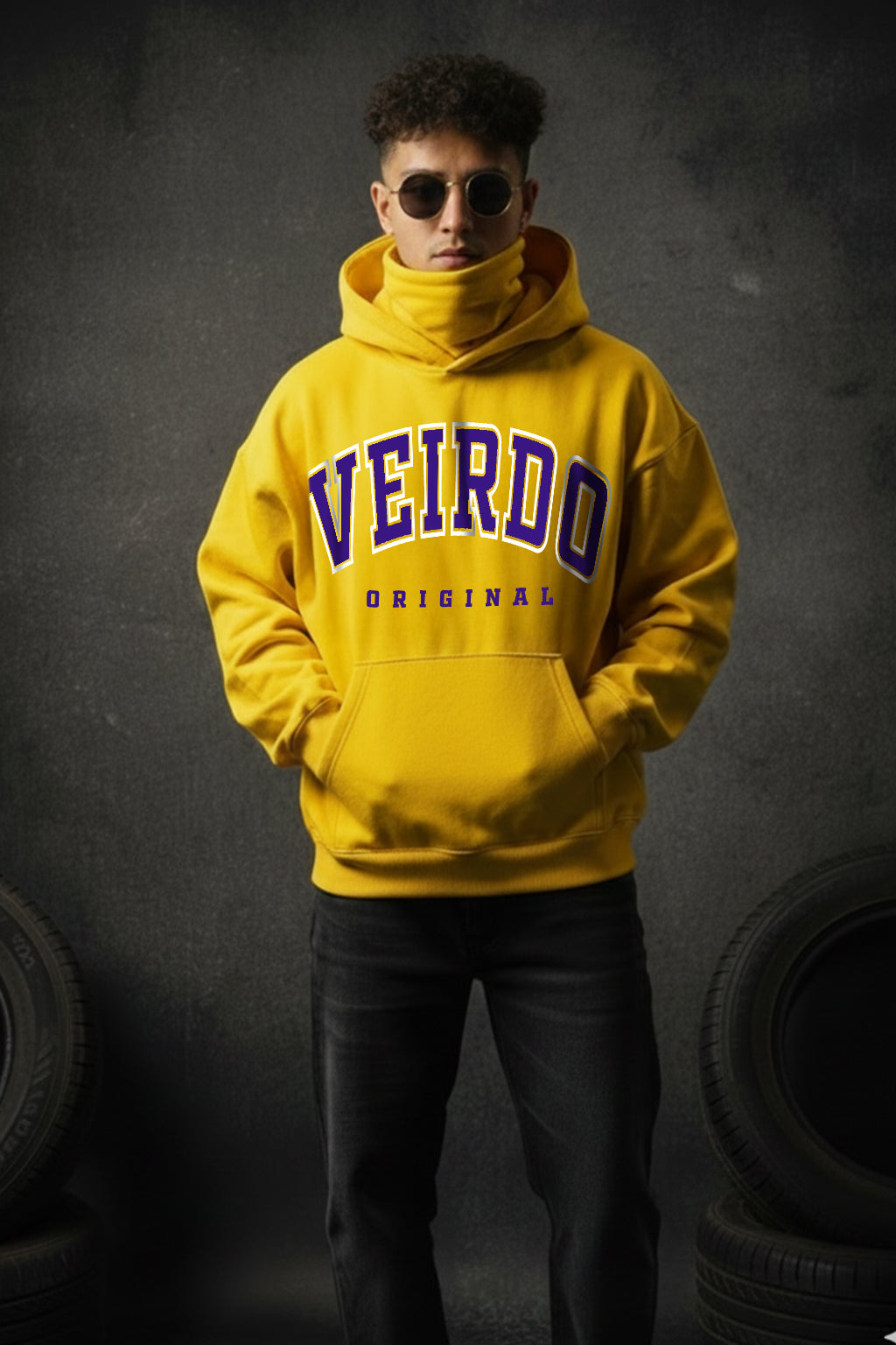 Veirdo Original Mustard Oversized Printed Hoodie With Face Mask