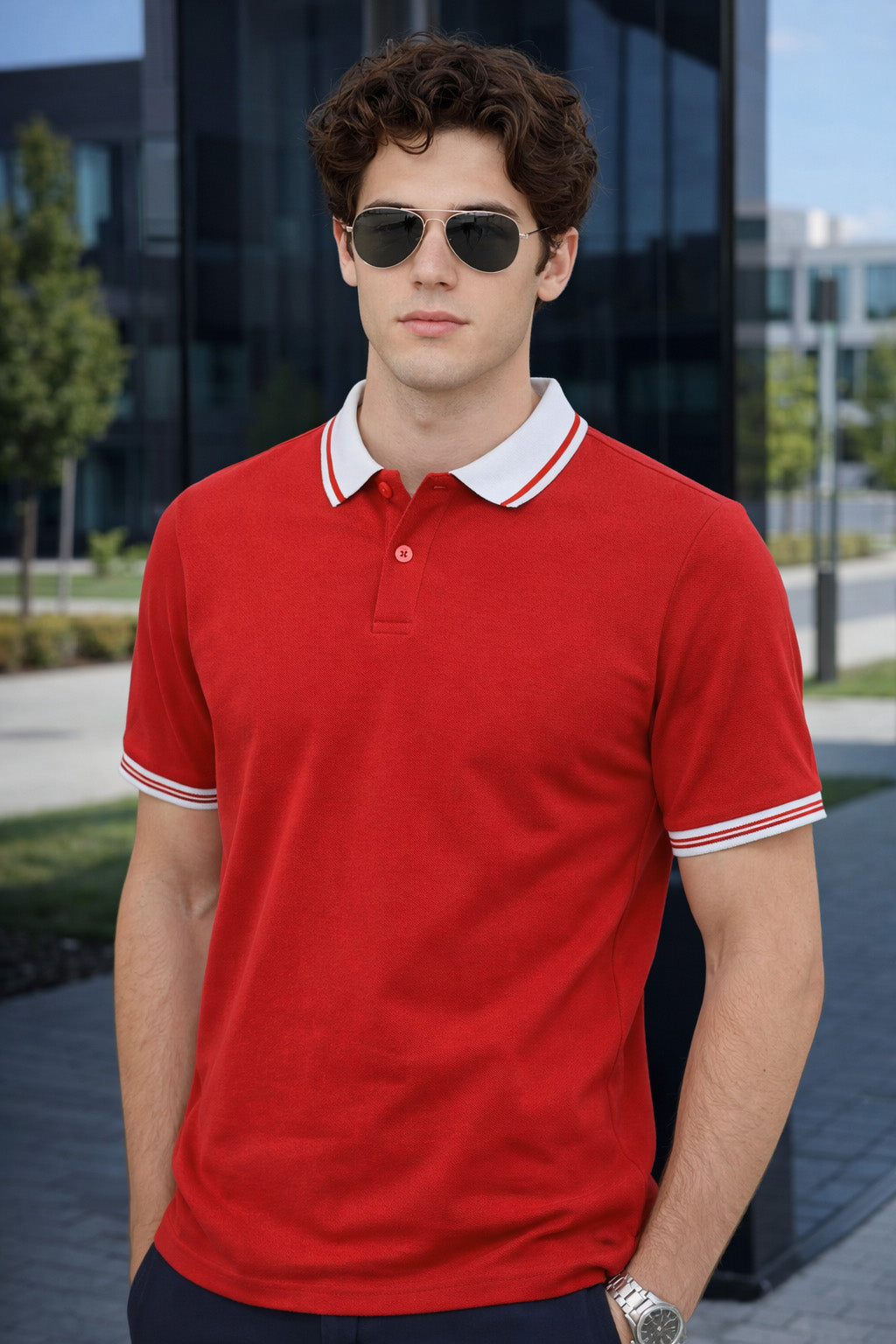 Red Pique Stripe Collar Regular Fit Tipping Polo T-shirt