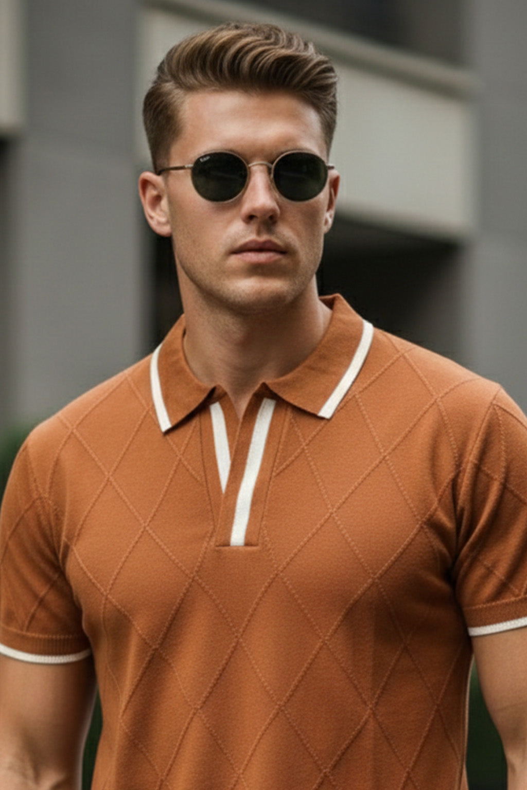 Brown Diamond Wave Flatknit Textured Regular Fit Exclusive Polo T-Shirt