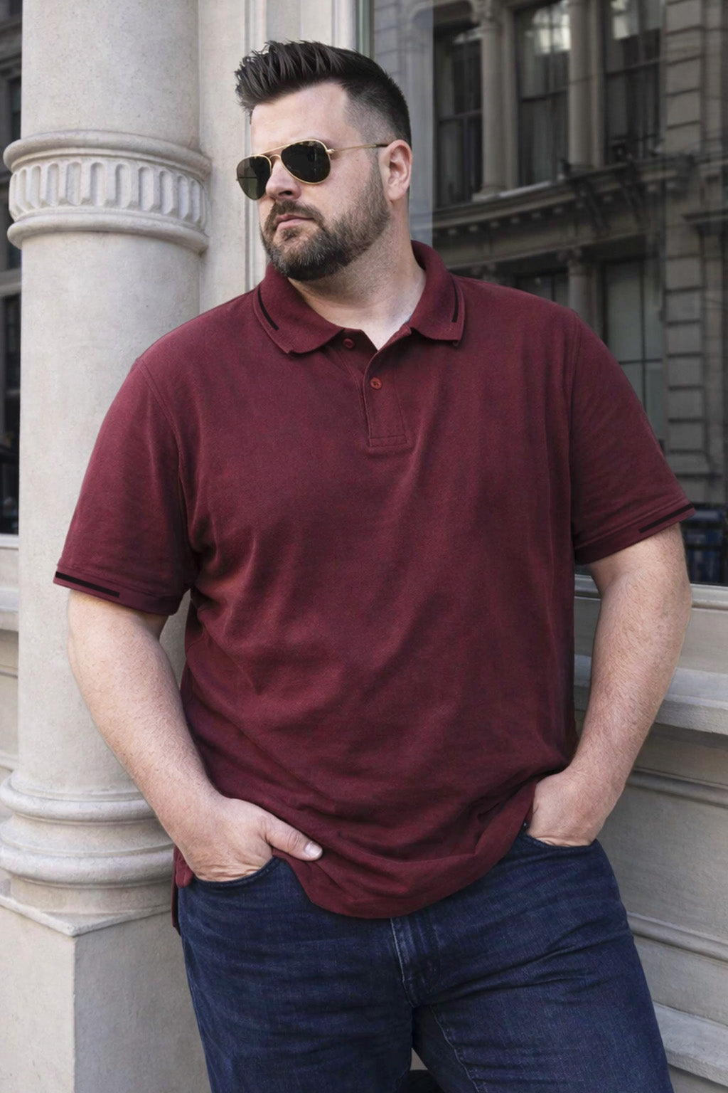 Maroon Pique Stripe Collar Plus Size Tipping Polo T-shirt