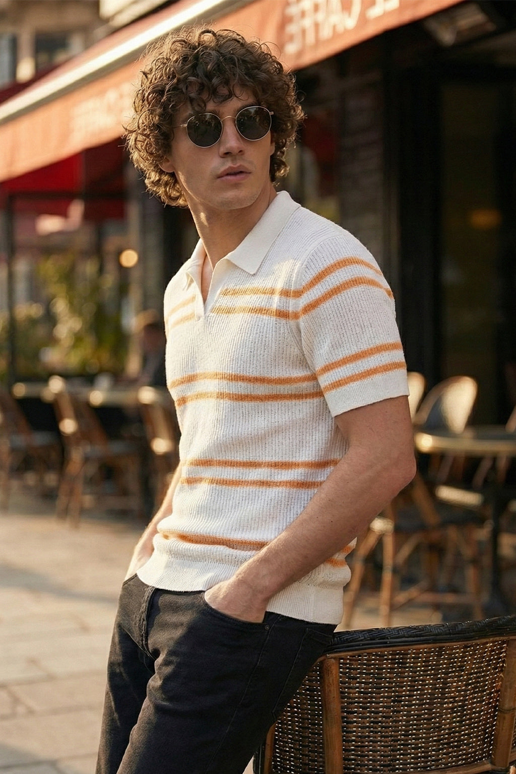 White & Yellow Stripped Flatknit Textured Regular Fit Exclusive Polo T-Shirt