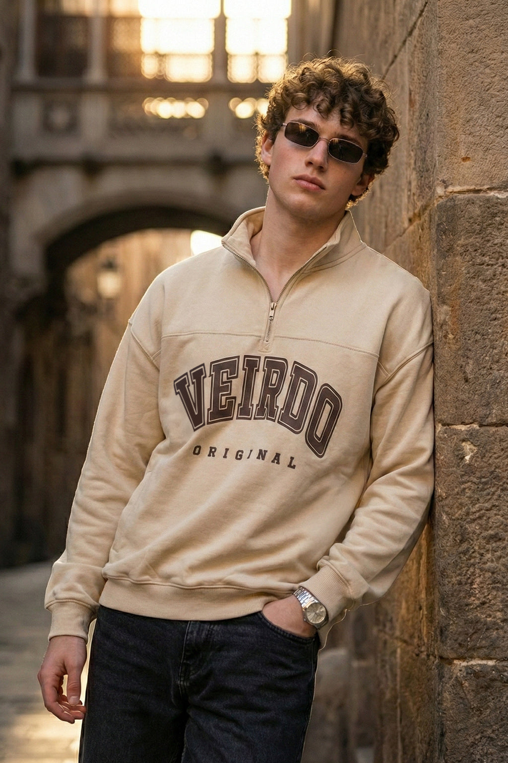 Veirdo Original Beige Oversized Full Sleeve Printed Exclusive Polo T-shirt