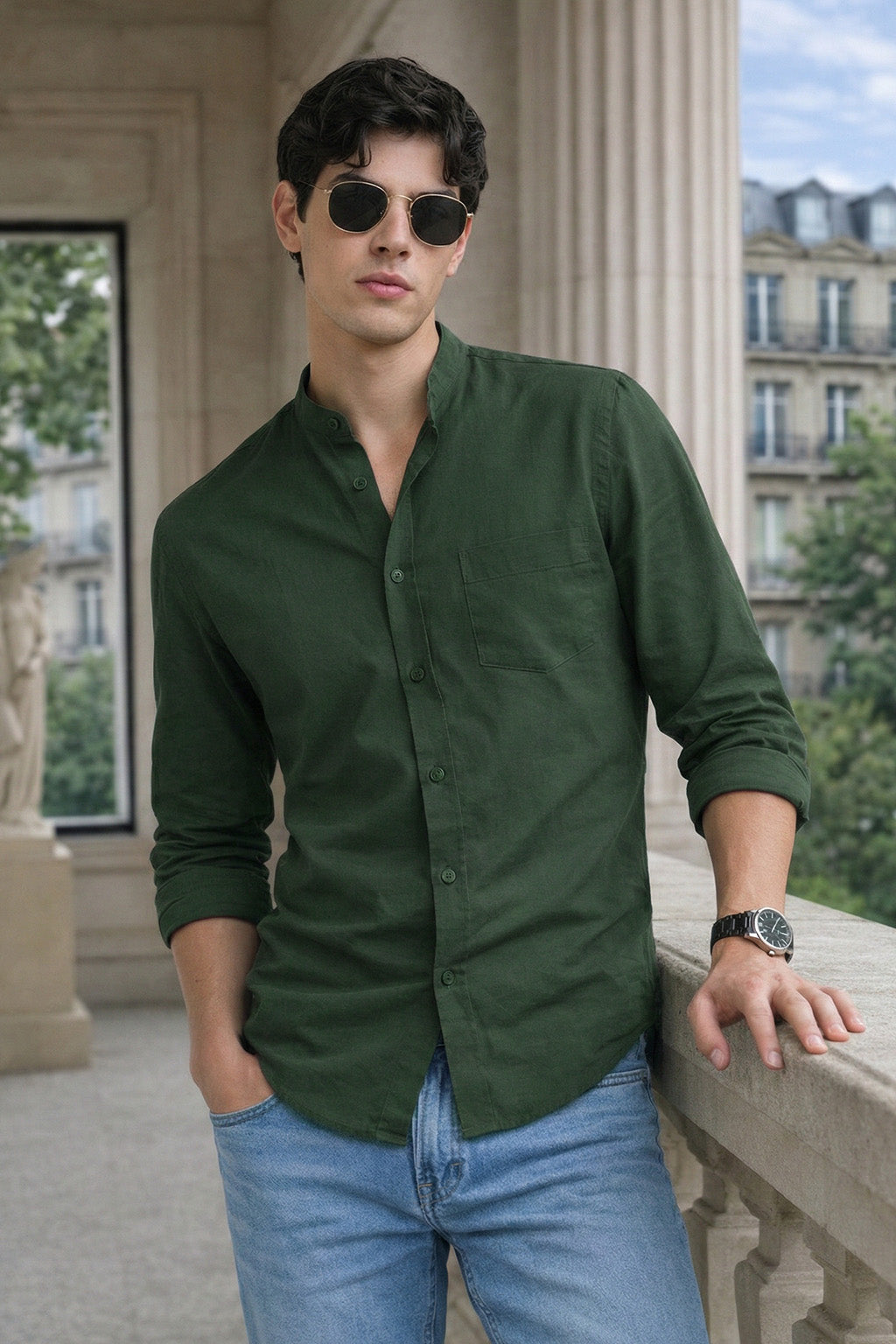 Olive Plain Regular Fit Chinese Collar Full Sleeve Exclusive Shirt