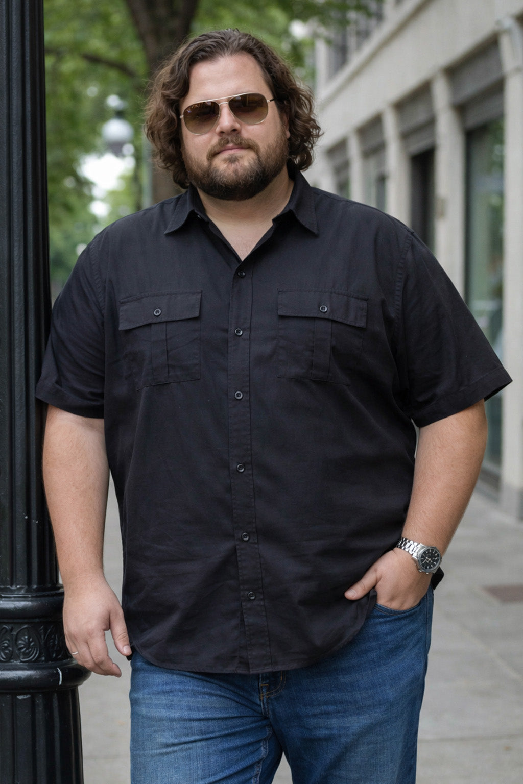 Black Plus Size Half Sleeve Dual Pocket Utility Exclusive Shirt