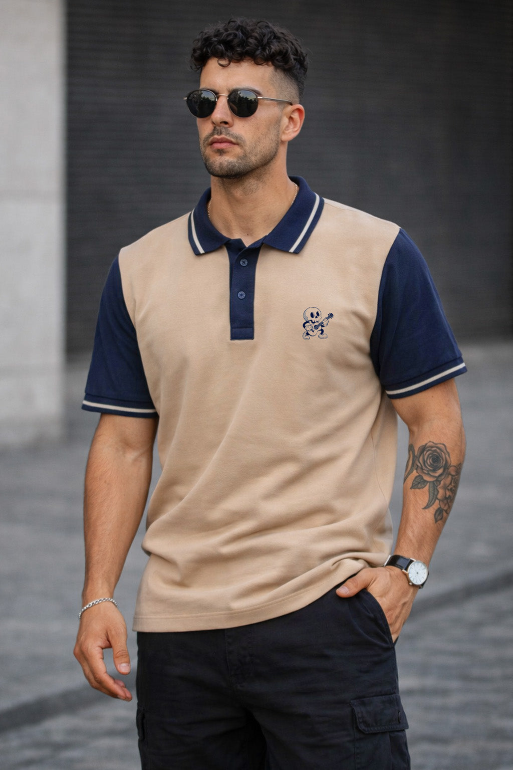 Guitar Swawhite Contrast Stripped Collar Economic Regular Fit Pique Polo