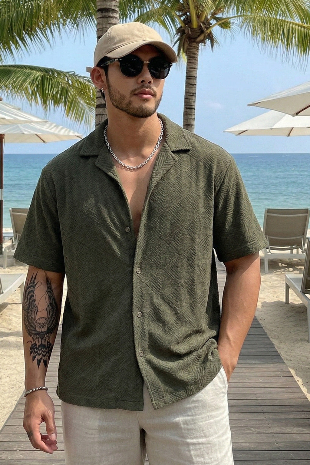 Olive Jacquard Plain Oversized Exclusive Shirt