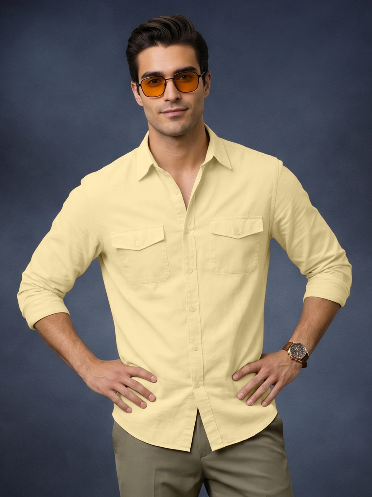 Double Cream Plain Relaxed Fit Full Sleeve Dual Pocket Utility Exclusive Shirt