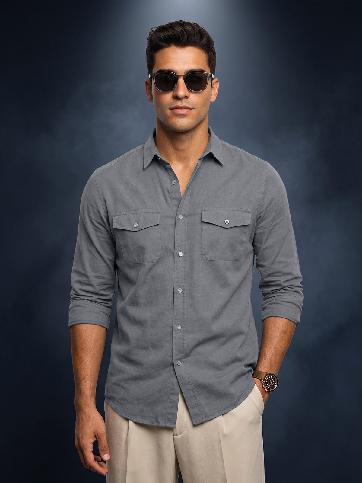 Dark Grey Plain Relaxed Fit Full Sleeve Dual Pocket Utility Exclusive Shirt