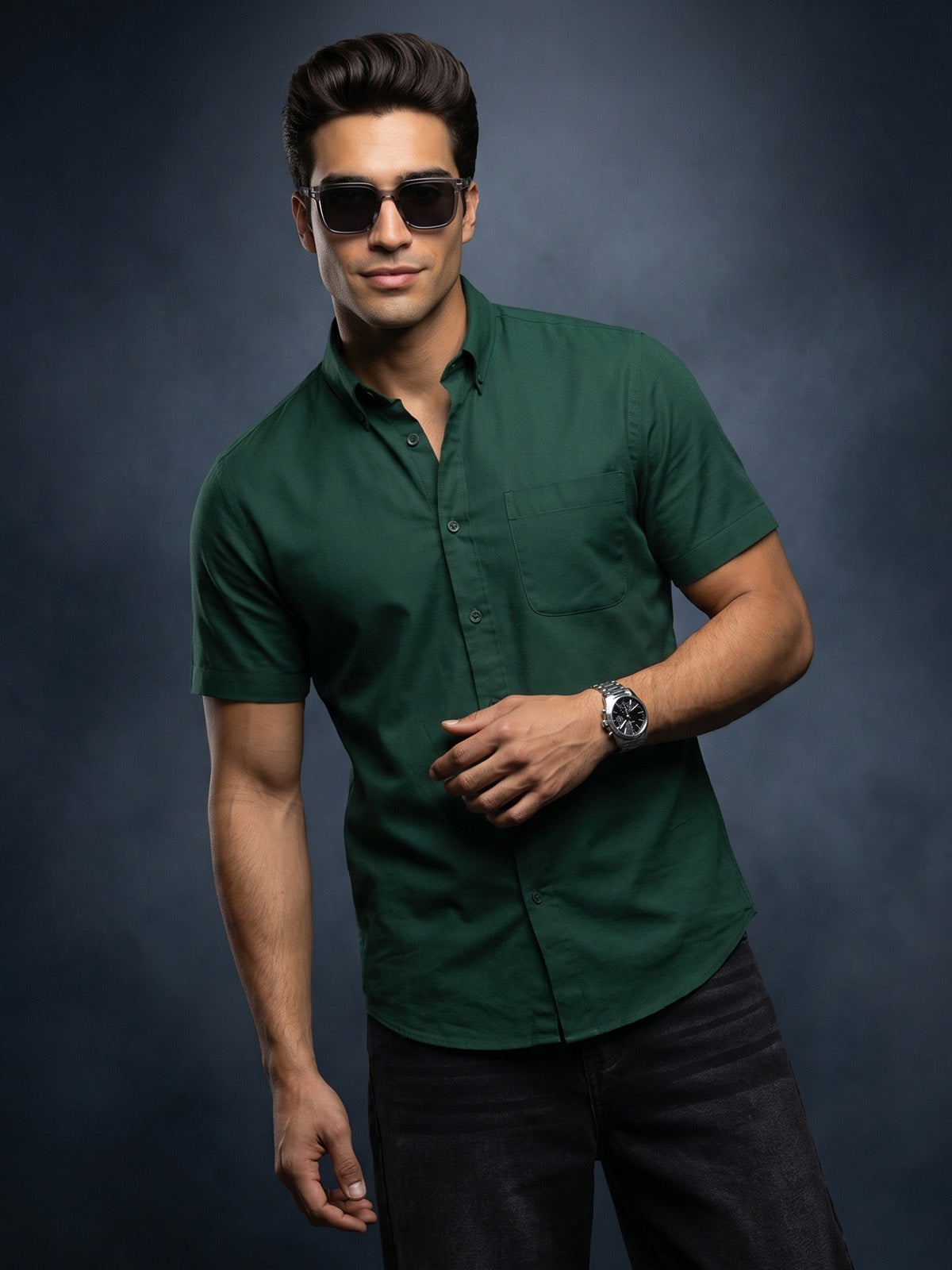Green Plain Regular Fit Half Sleeve Single Pocket Exclusive Shirt