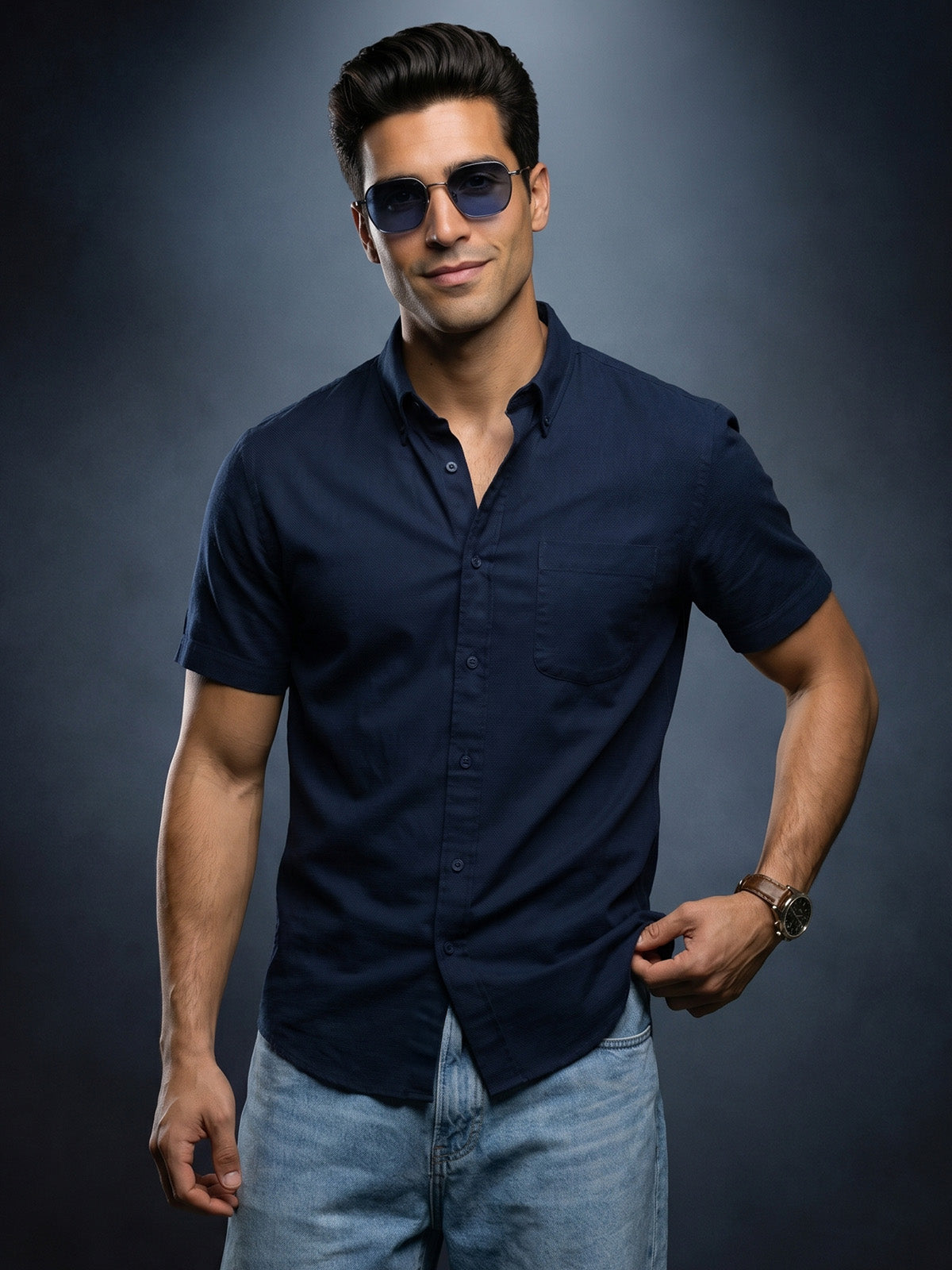 Navy Plain Regular Fit Half Sleeve Single Pocket Exclusive Shirt