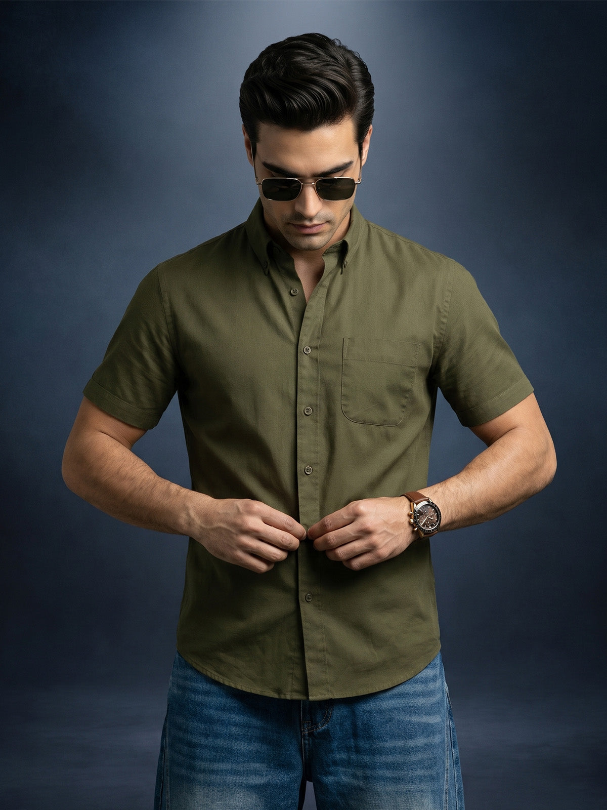 Olive Plain Regular Fit Half Sleeve Single Pocket Exclusive Shirt