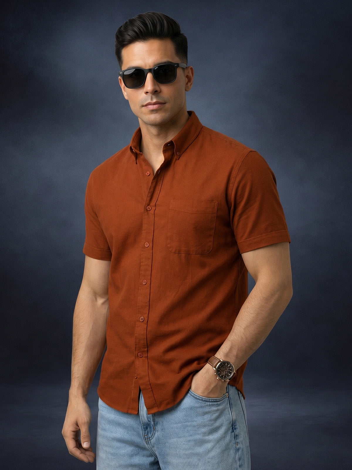 Rust Plain Regular Fit Half Sleeve Single Pocket Exclusive Shirt