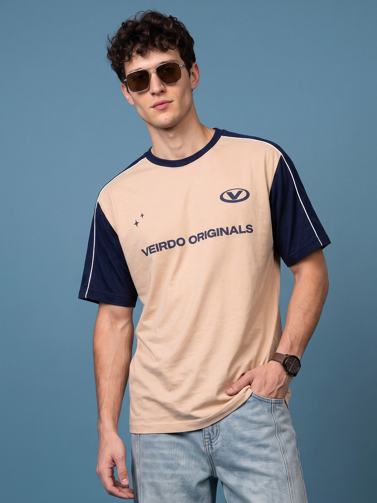 Originals Colorblock Beige Oversized Graphic Printed T-shirt
