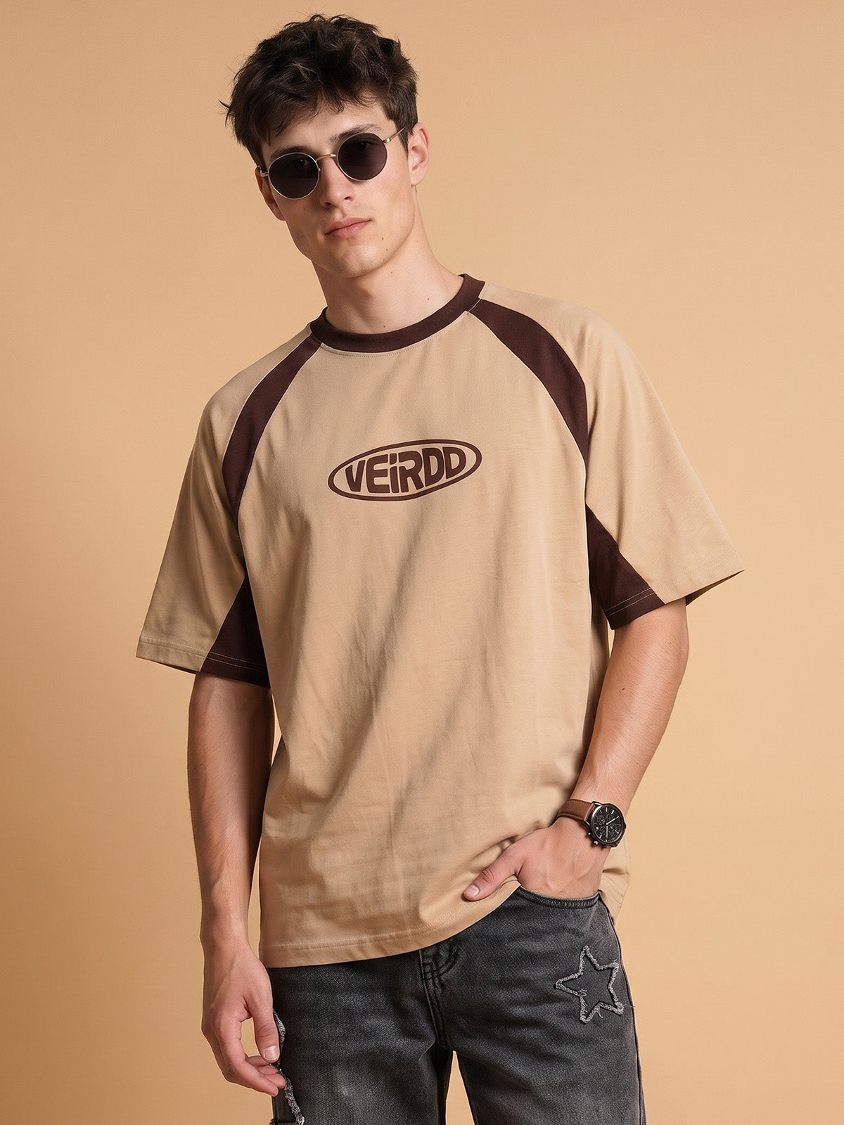 Veirdo Signature Raglan Beige Oversized Graphic Printed T-shirt