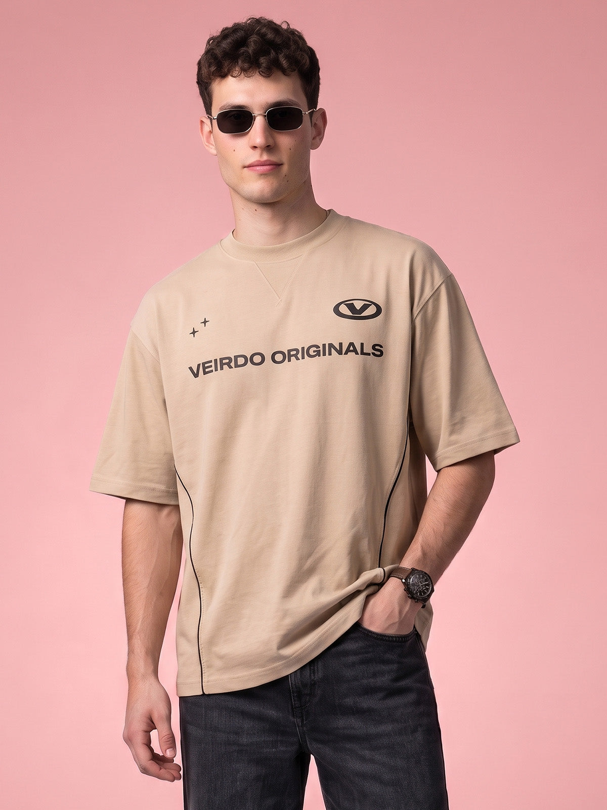 Veirdo Originals Piped Beige Oversized Graphic Printed T-shirt