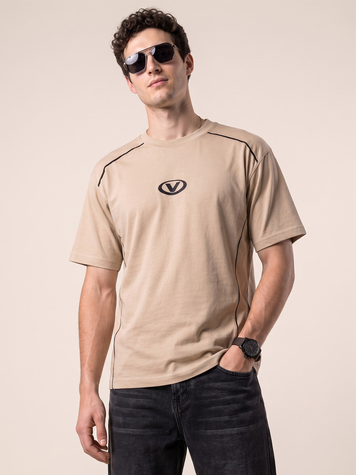 Athletic Essentials Beige Oversized Graphic Printed T-shirt