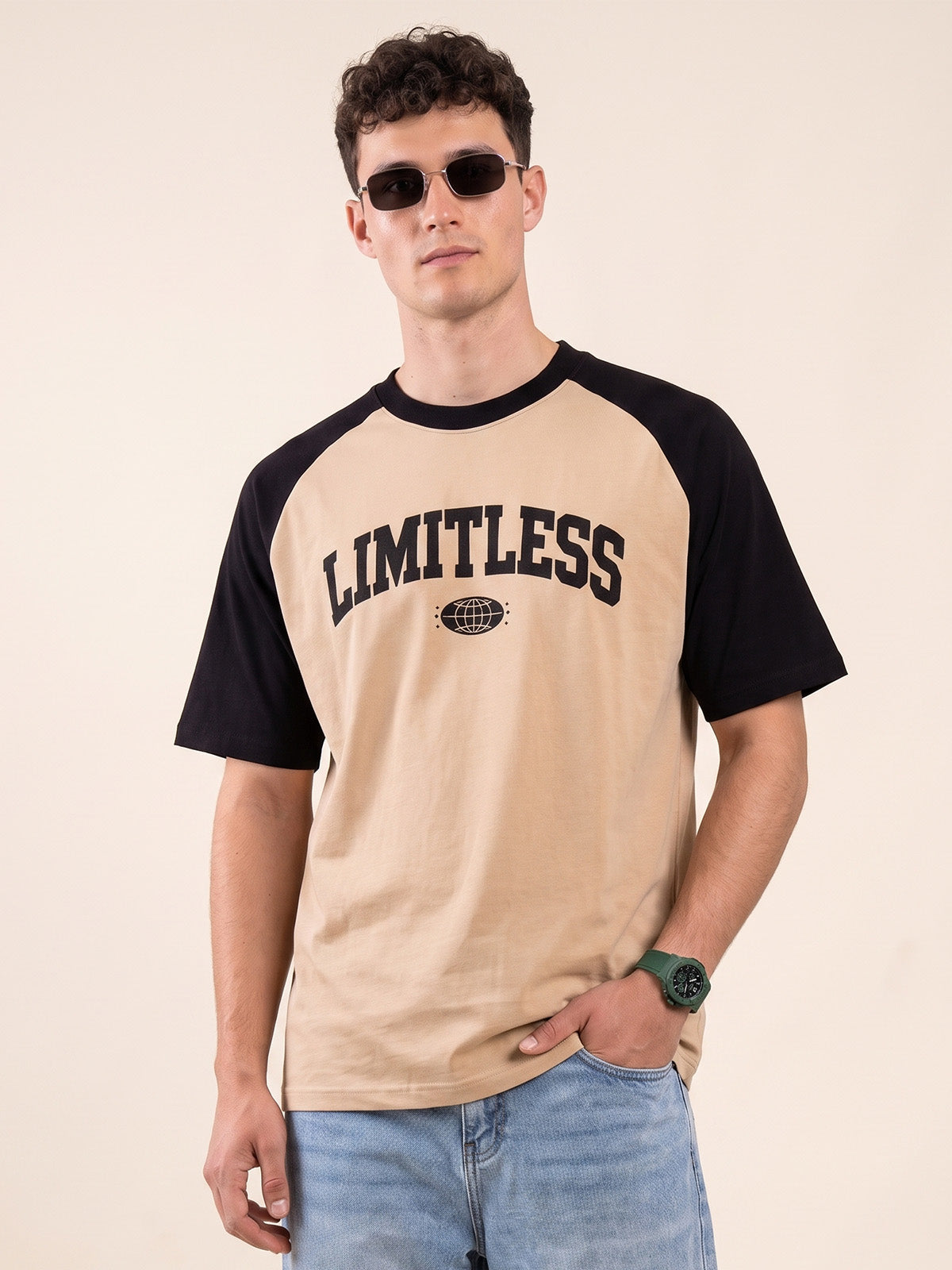 Limitless Raglan Beige Oversized Graphic Printed T-shirt