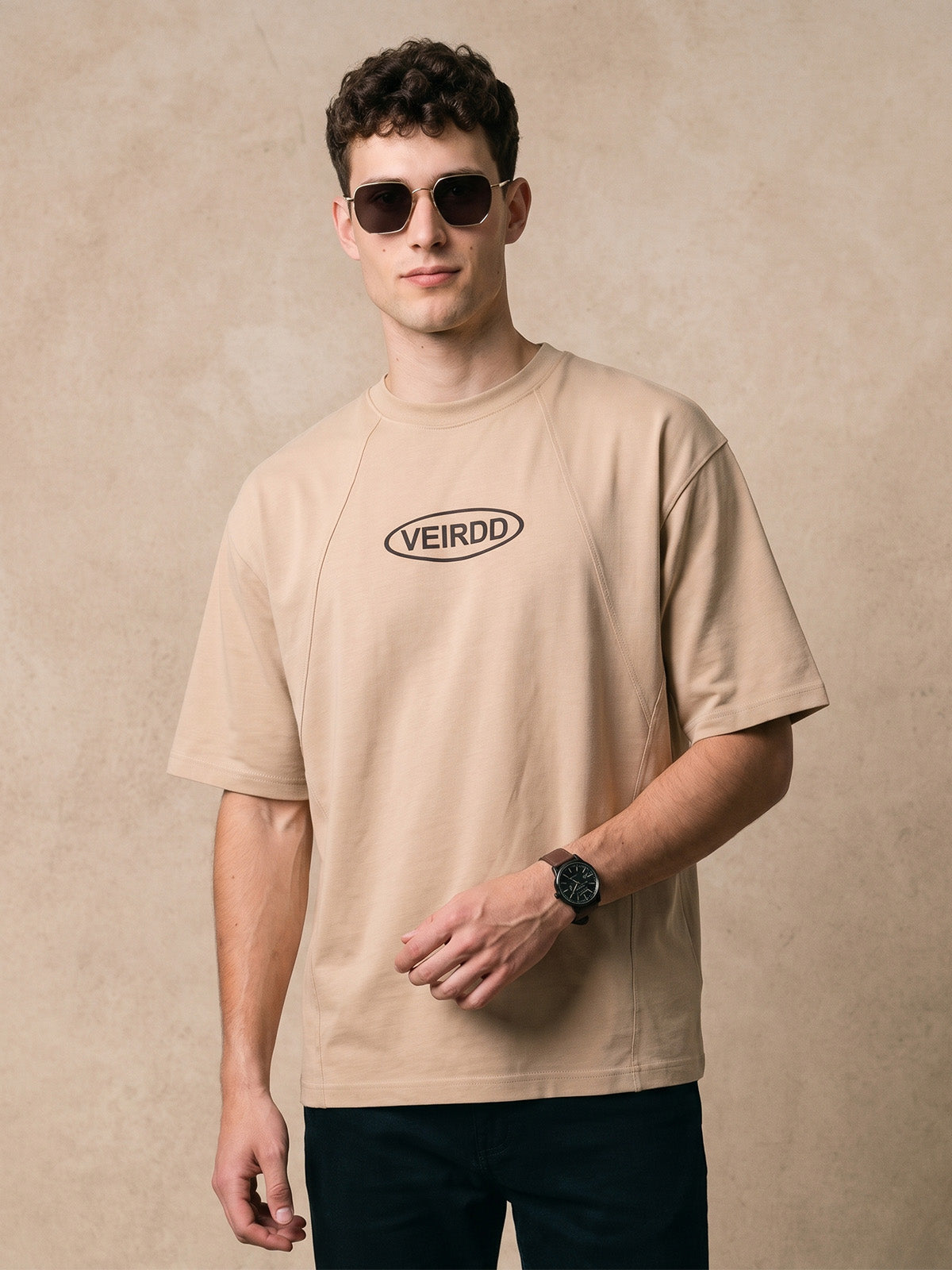 Veirdo Signature Beige Oversized Graphic Printed T-shirt