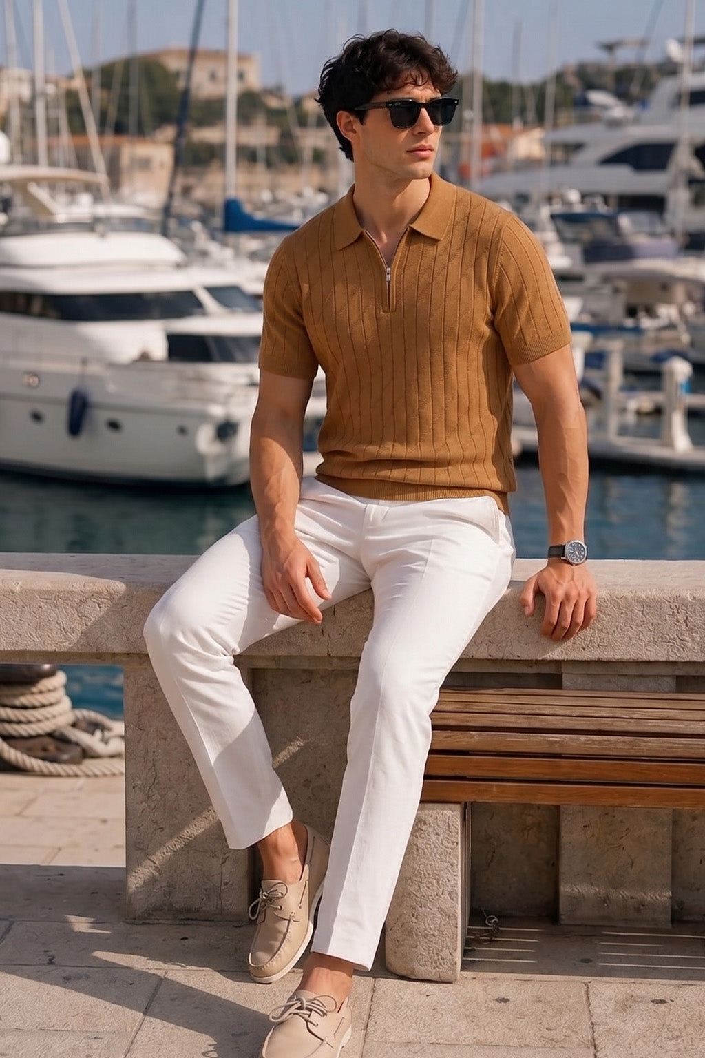 Brown Ribbed Flatknit Textured Regular Fit Exclusive Zipper Polo T-Shirt