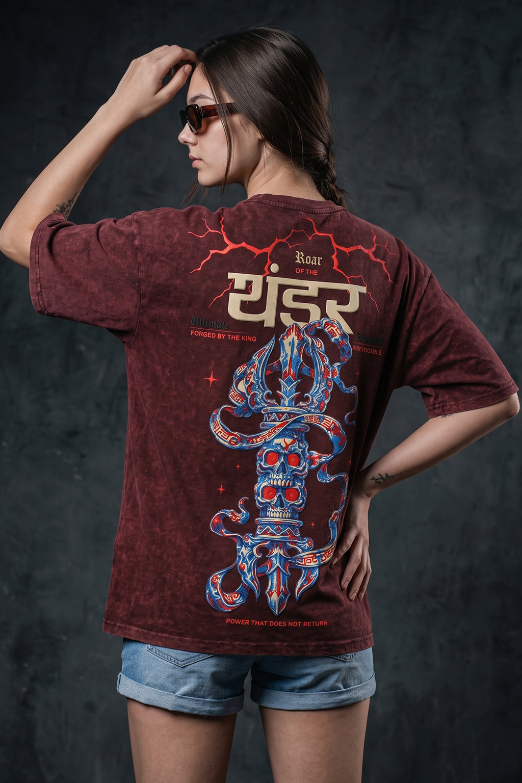 इंद्र थंडर Maroon Acid Washed Puff Printed Exclusive T-shirt Epic Collection For Women