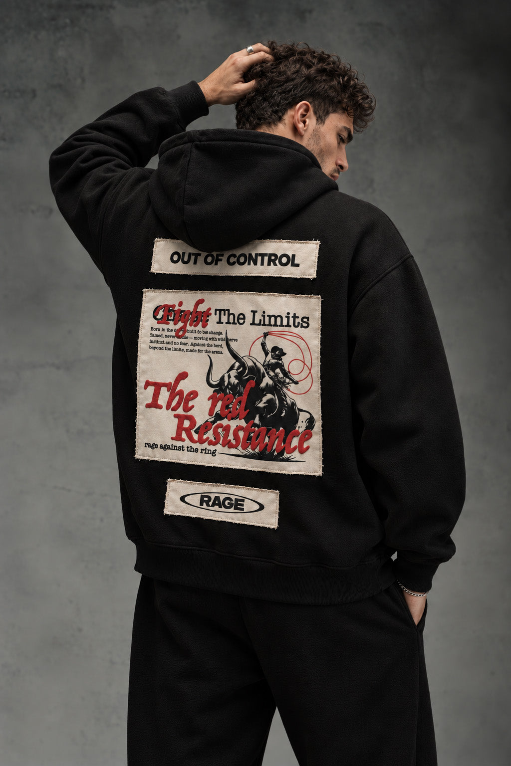 Fight The Limits Black Printed Graphic Patch Oversized Exclusive Hoodie