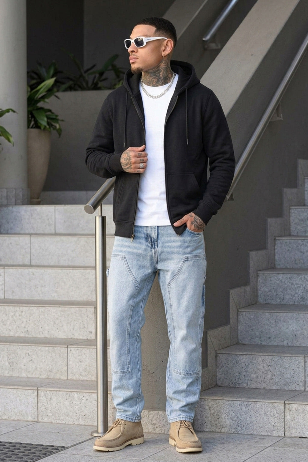 Black Ribbed Cuff Regular Fit Zip-Up Hoodie