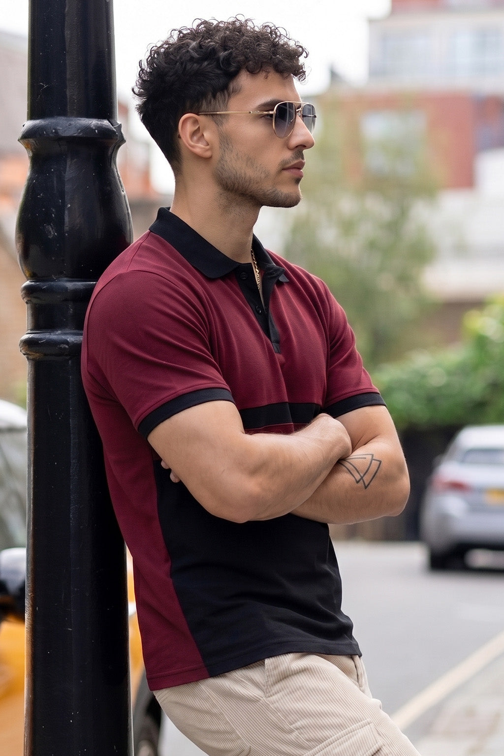 Black Maroon Colorblock Printed Regular Fit  Polo T-shirt