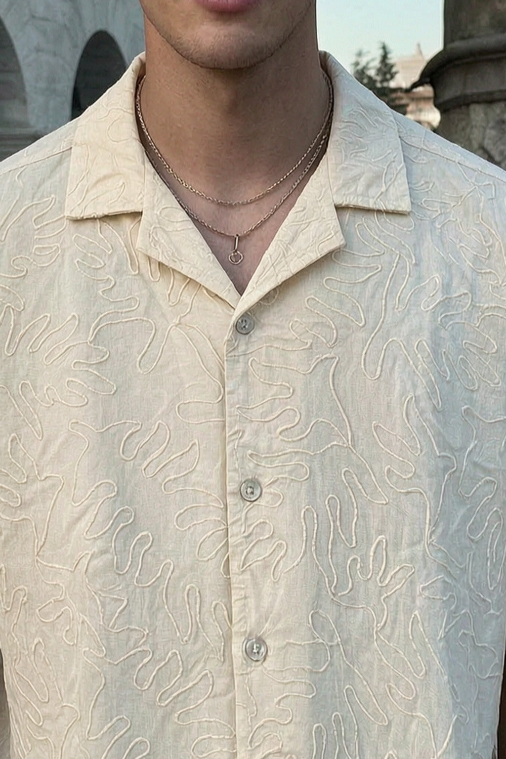 Pearl Embroidery Beige All Over Printed Oversized Exclusive Shirt