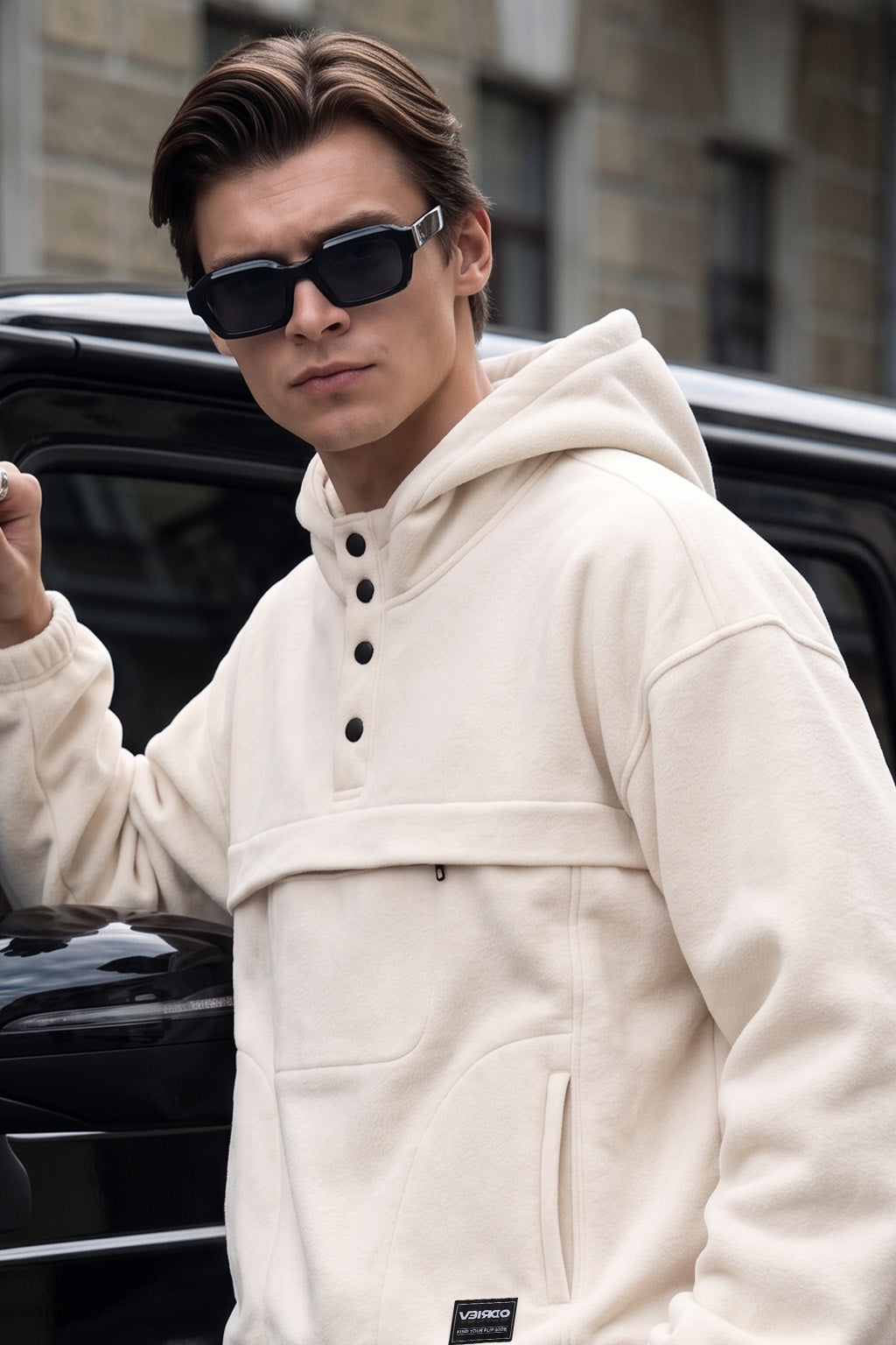 Veirdo Marshmallow Oversized Plain Button-Neck Pullover Hoodie
