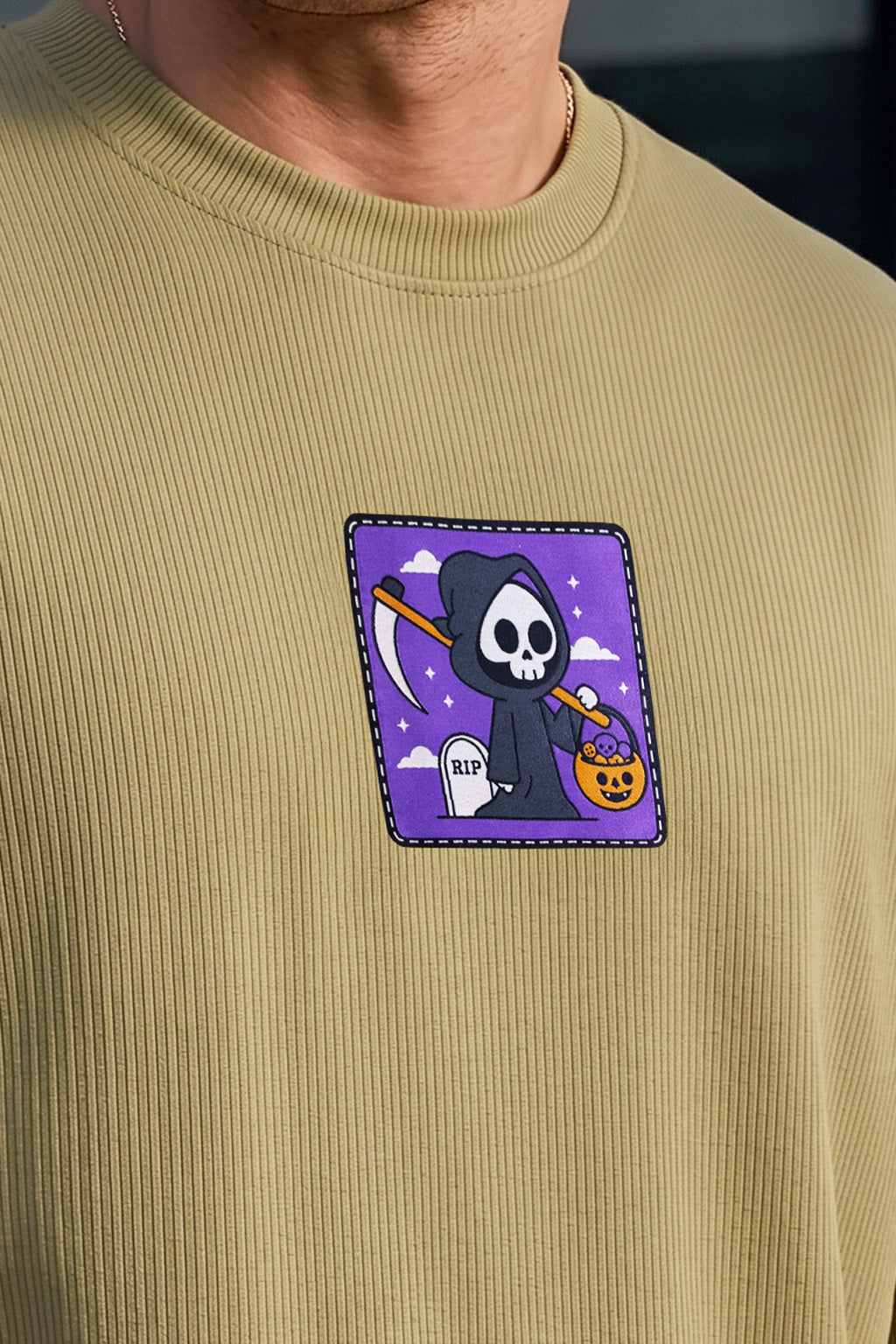 Rebel Skull Olive Moss Oversized Textured T-shirt