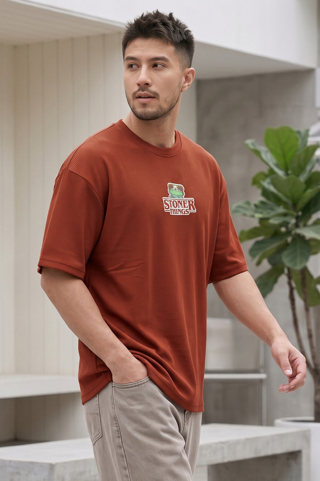 Stoner Things Red Oversized Textured T-shirt