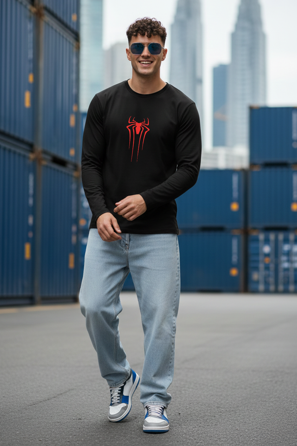 Spider Black Full Sleeves Regular Fit Printed T-shirt