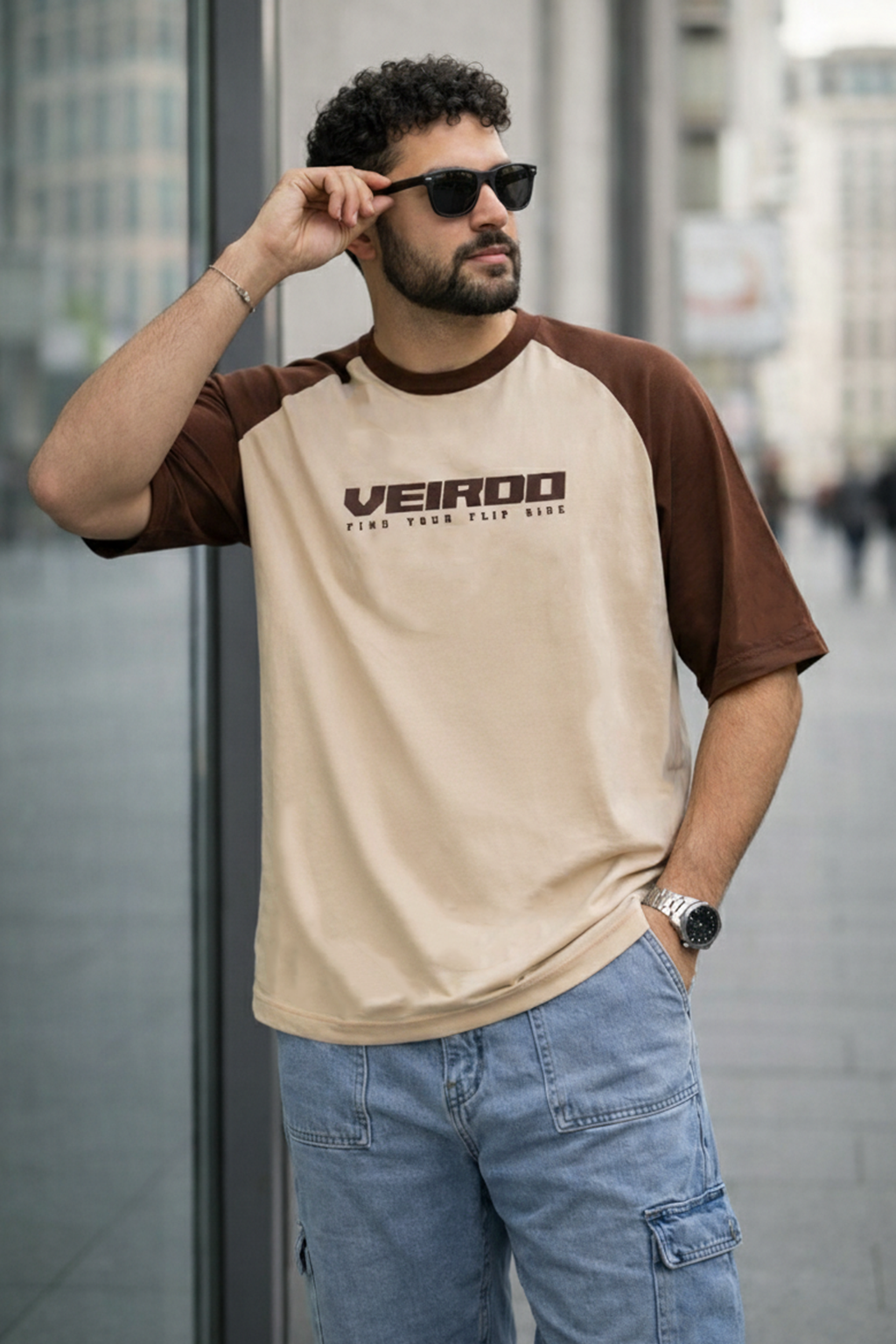 Brown-Swanwhite Raglan Oversized Typography Printed T-shirt