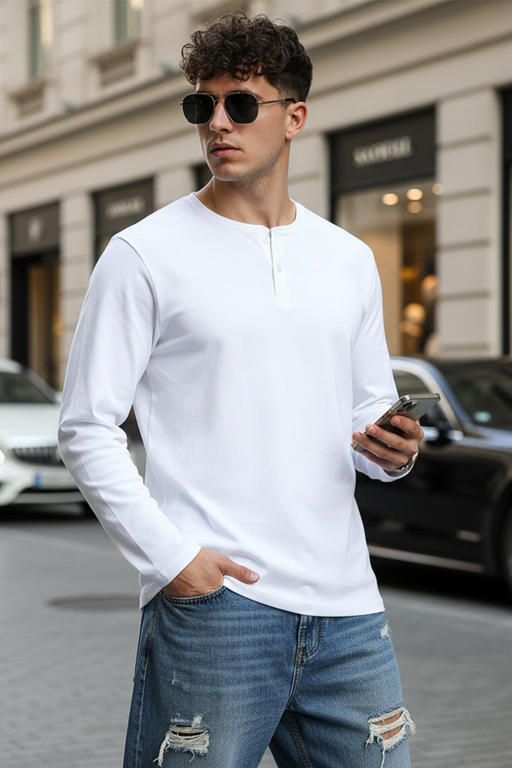 Henley White Solid T-shirt