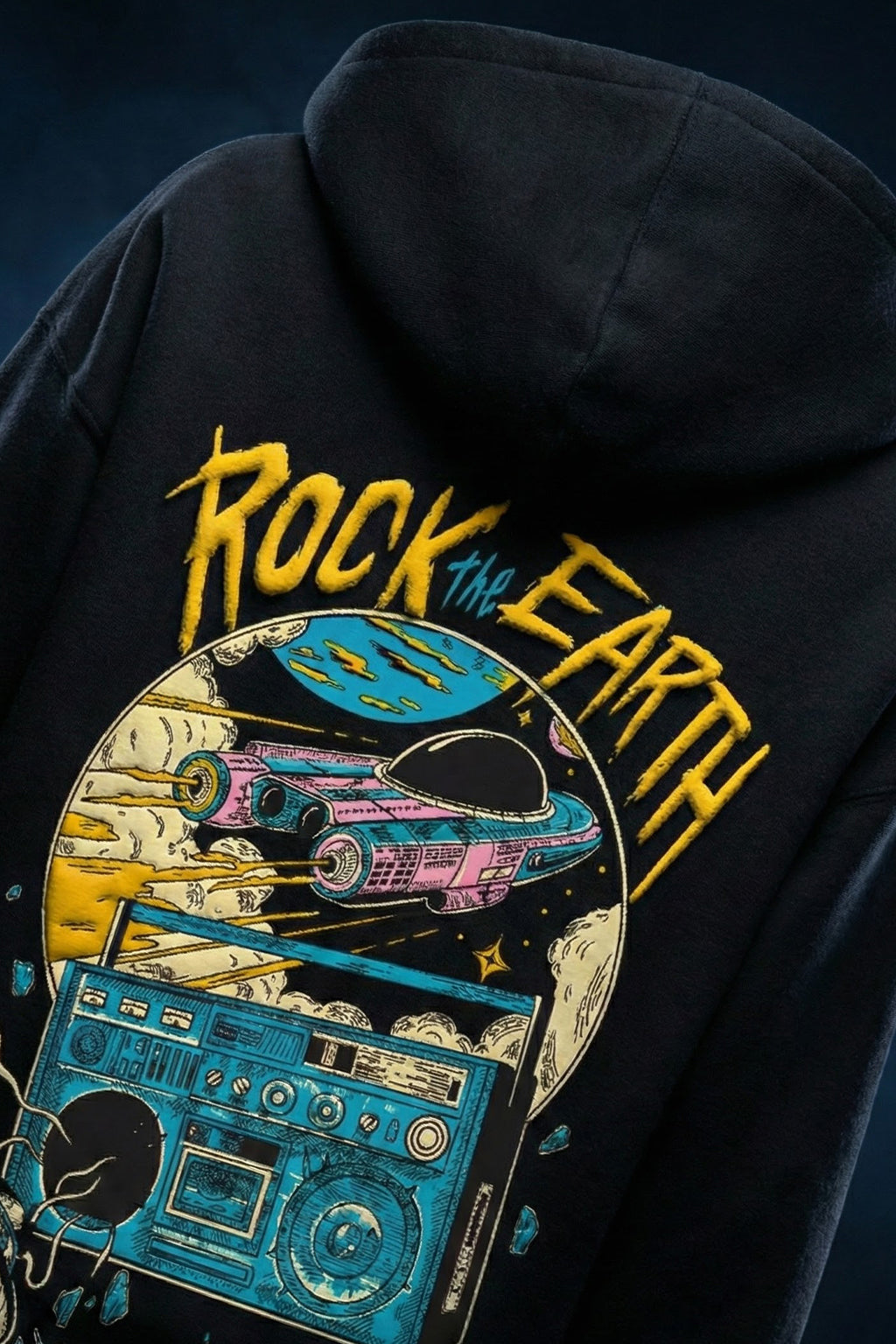 Rock The Earth Black Oversized Puff Printed Exclusive Hoodie
