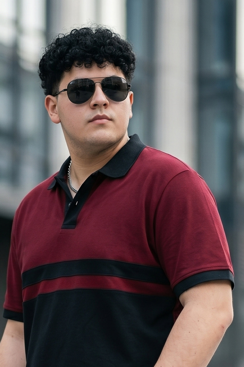 Maroon And Black Striped Plus Size Polo T-shirt