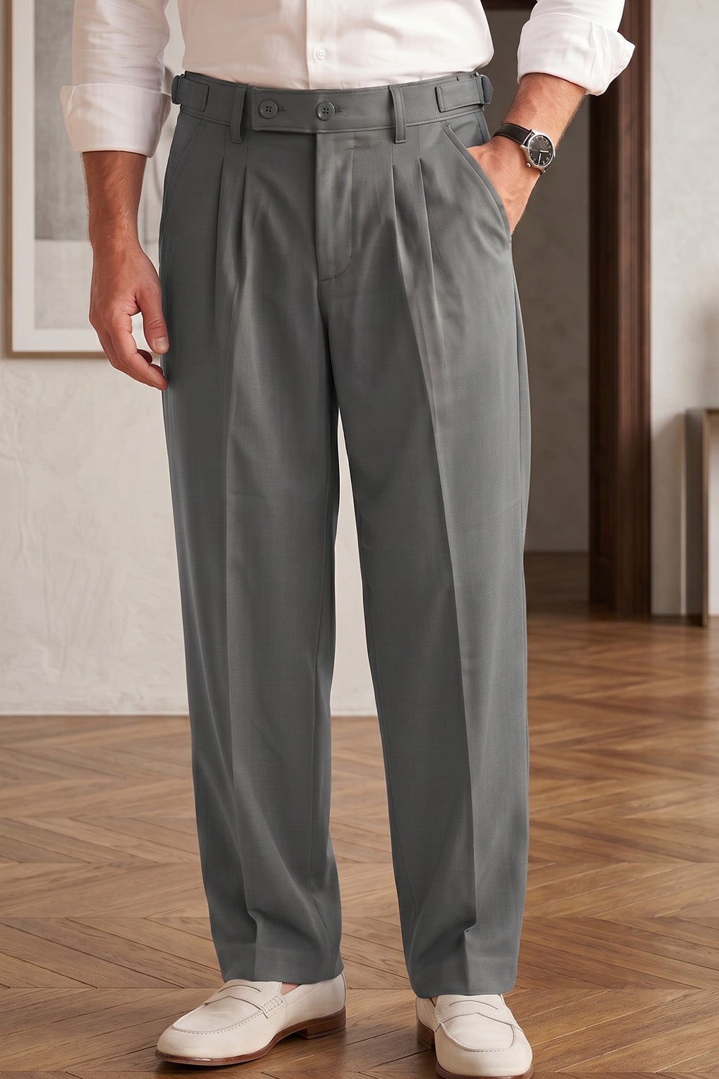 Grey Tailored High-Waist Adjustable Weist Korean Pant