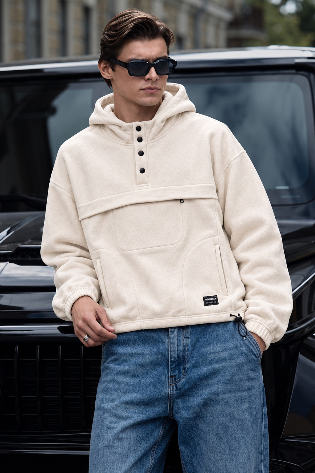 Veirdo Marshmallow Oversized Plain Button-Neck Pullover Hoodie