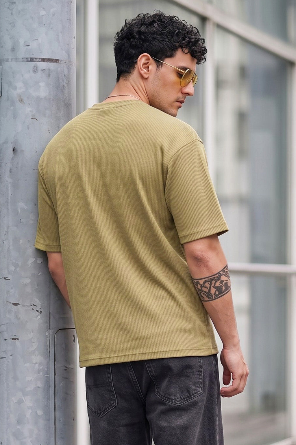 Rebel Skull Olive Moss Oversized Textured T-shirt